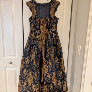Renfaire Gown - Renaissance Festival Blue and Gold Brocade Corset Front Dress